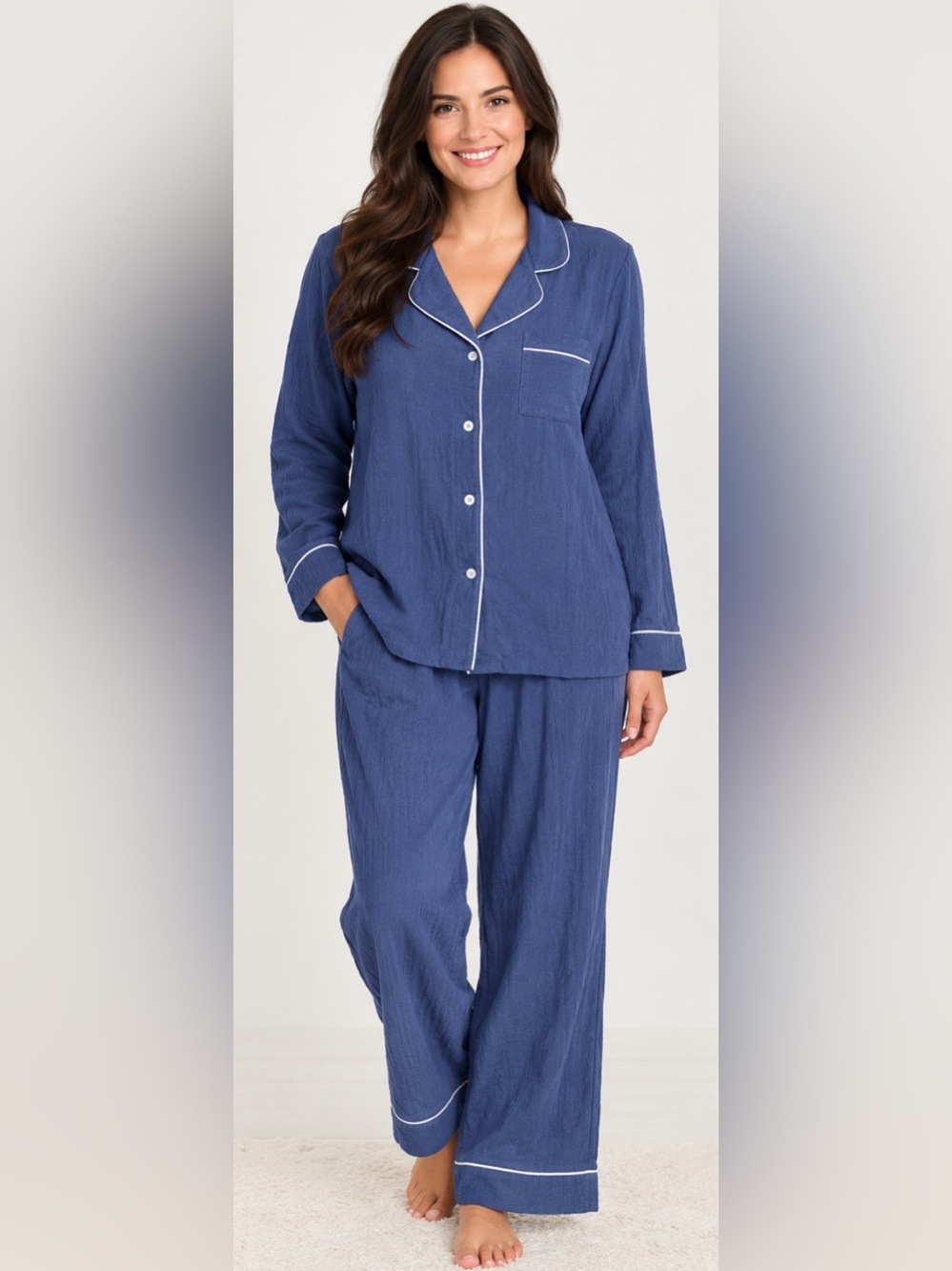 State of Day Ribbed Notched-Collar Button Down Periwinkle Blue PJ’s Set Size XL